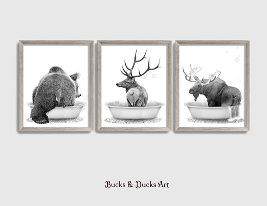 Woodland Animal Butt B&W Set of 3 Prints, Rustic Bathtub Moose Decor, Elk Wall Art, Bear Humor