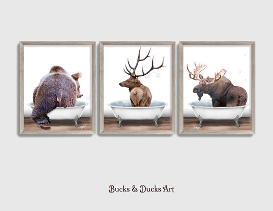 Woodland Animal Bathtub Set of 3 Prints, Rustic Moose Decor, Elk Wall Art, Bear Humor