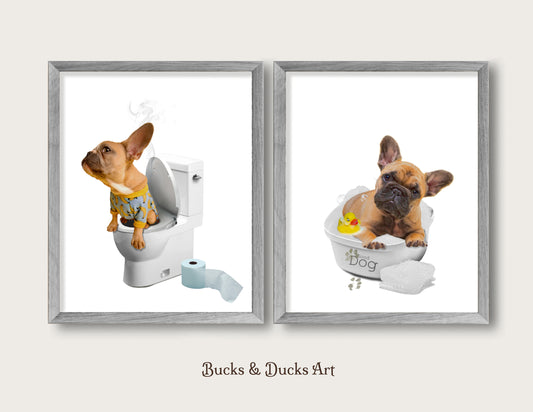 French Bulldog Bathroom Set of 2 Prints, Cute Pet Lover Wall Art, Bathtub Decor