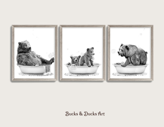 B&W Bathtub Bear Family Set of 3 Prints, Woodland Animal Decor, Rustic Wall Art Humor