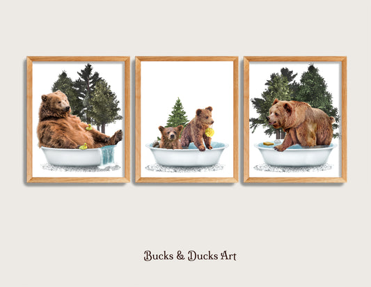 Forest Bear Family Bathtub Set of 3 Prints, Woodland Animal Decor, Rustic Trees Wall Art Humor