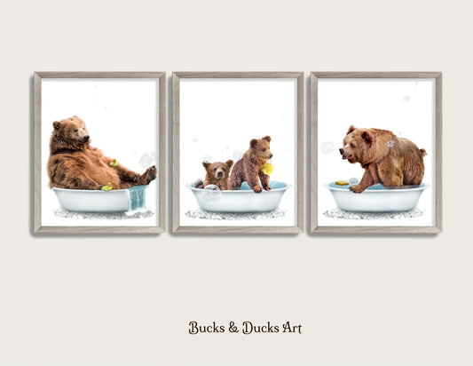 Bathtub Bear Family Set of 3 Prints, Woodland Animal Decor, Rustic Wall Art Humor