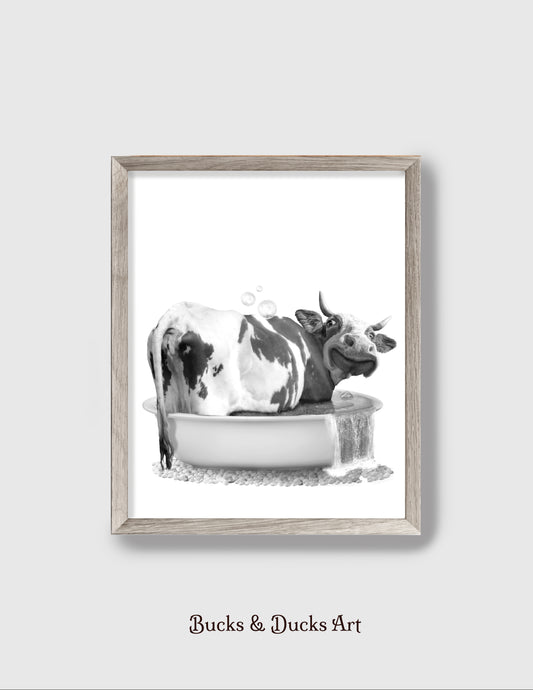 Cow Butt B&W Print, Country Farm Animal Wall Art, Rustic Cabin Bathtub Decor