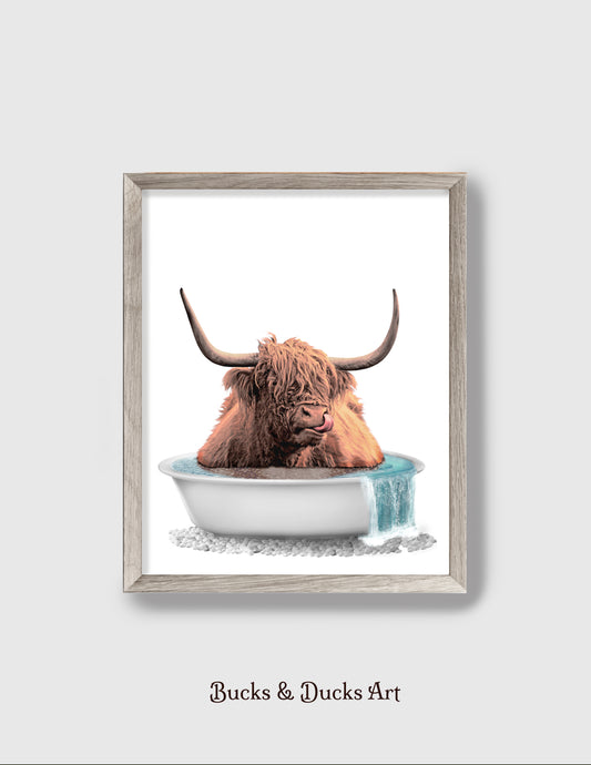 Highland Cow Bathtub Print, Farm Animal Wall Art, Rustic Country Decor