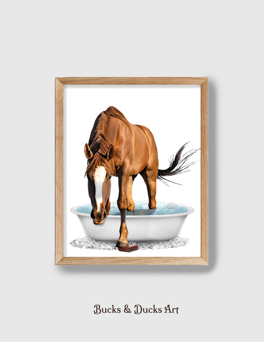 Horse Humor Print, Country Bathtub Farm Animal Wall Art, Rustic Cowboy Cabin Decor