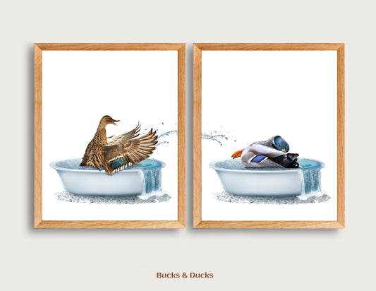 Mallard Duck Splash Bathtub Set of 2 Prints, Drake & Hen Nursery Hunting Decor