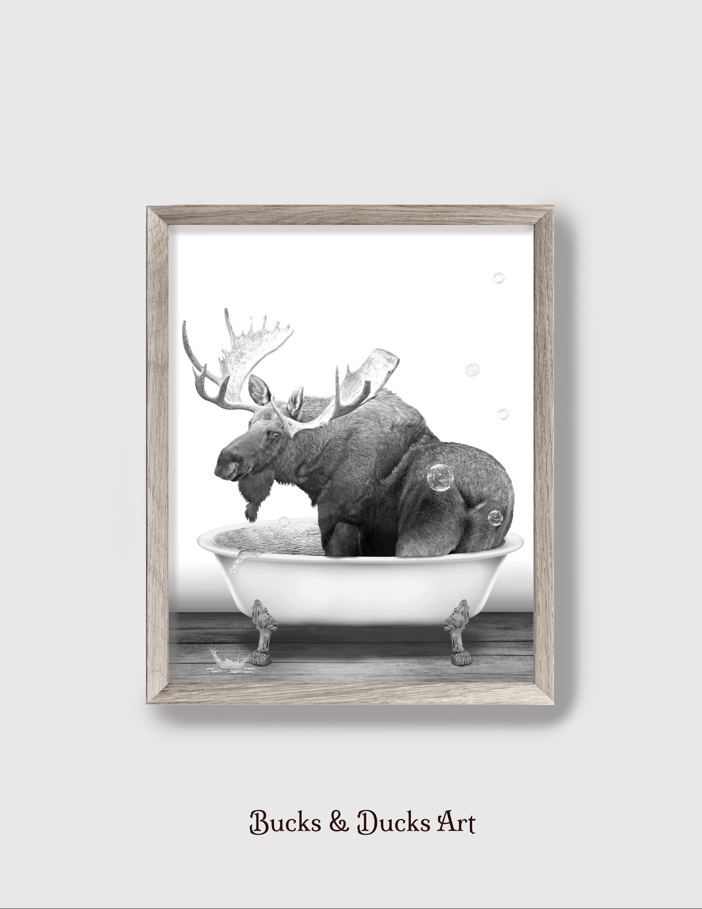 B&W Woodland Animal Bathtub Set of 3 Prints, Rustic Moose Decor, Elk Wall Art, Bear Humor
