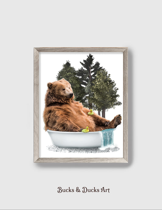 Big Bear Bathtub Print, Woodland Animal Wall Art, Rustic Tree Forest Country Decor