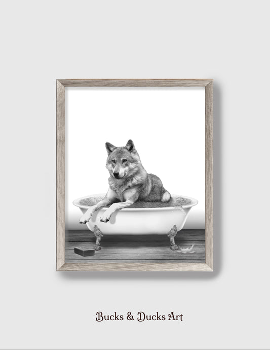 Gray Wolf Bathtub B&W Print, Woodland Animal Wall Art, Rustic Vintage Country Decor