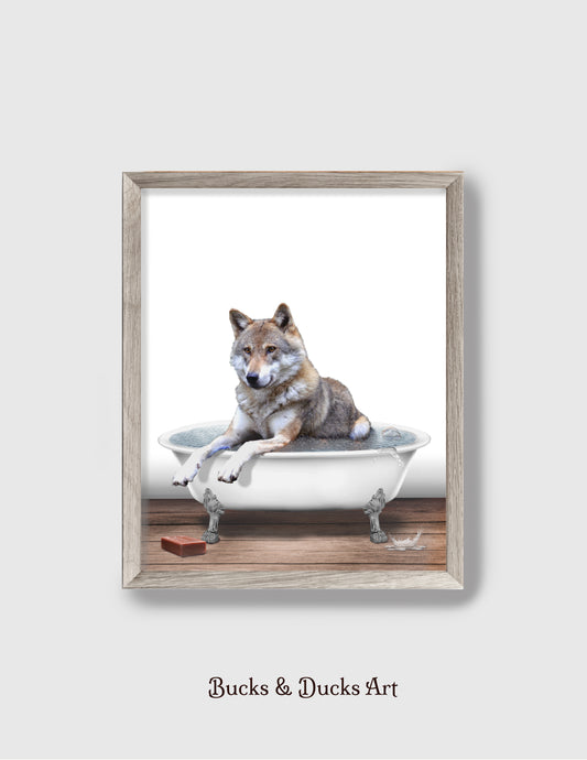 Bathtub Gray Wolf Print, Woodland Animal Wall Art, Rustic Vintage Country Decor