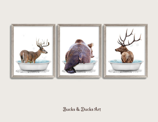 Woodland Animal Bathtub Set of 3 Prints, Rustic Bear Decor, Elk Wall Art, Whitetail Deer Humor