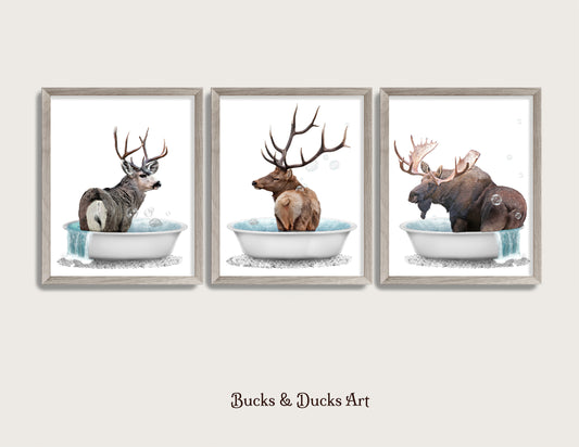 Woodland Animal Bathtub Set of 3 Prints, Rustic Moose Decor, Elk Wall Art, Mule Deer Humor