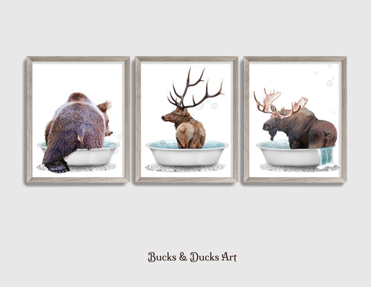 Bathtub Woodland Animal Butt Set of 3 Prints, Rustic Moose Decor, Elk Wall Art, Bear Humor