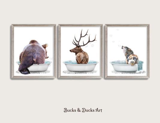 Bathtub Woodland Animal Butt Set of 3 Prints, Rustic Bear Decor, Elk Wall Art, Wolf Humor