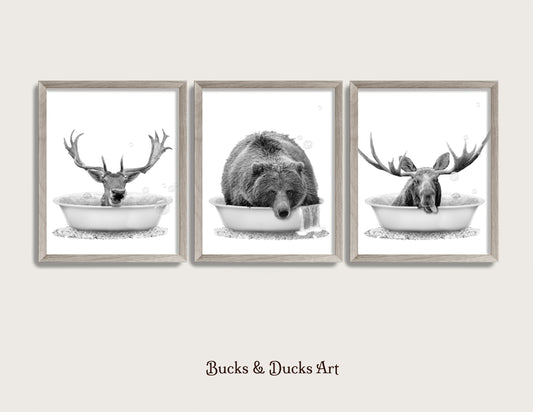 Woodland Animal B&W Bathtub Set of 3 Prints, Rustic Bear Decor, Moose Wall Art, Deer Humor