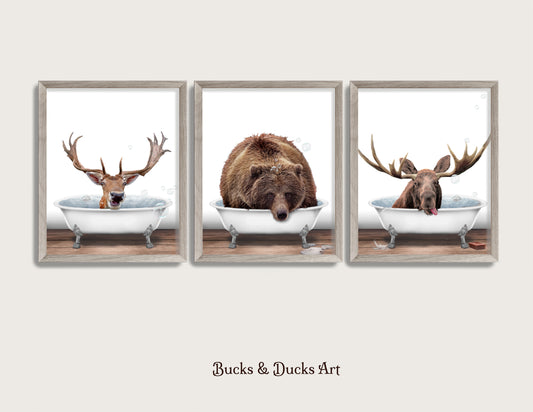 Woodland Animal Wood Bathtub Set of 3 Prints, Rustic Bear Decor, Moose Wall Art, Deer Humor