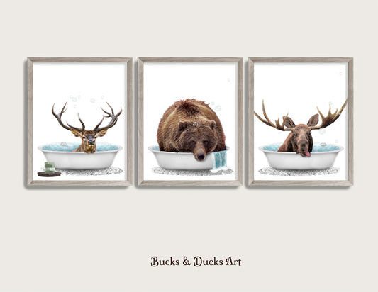 Bathtub Woodland Animal Set of 3 Prints, Rustic Bear Decor, Moose Wall Art, Deer Humor