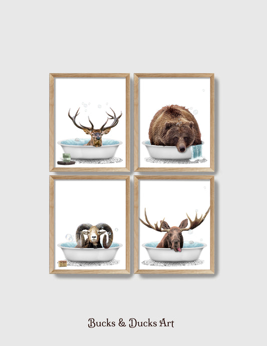 Woodland Animal Set of 4 Prints, Rustic Bear Decor, Moose Wall Art, Deer Humor, Ram