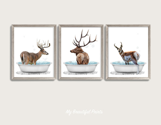 Woodland Animal Bathtub Set of 3 Prints, Rustic Elk Decor, Antelope Wall Art, Whitetail Deer Humor