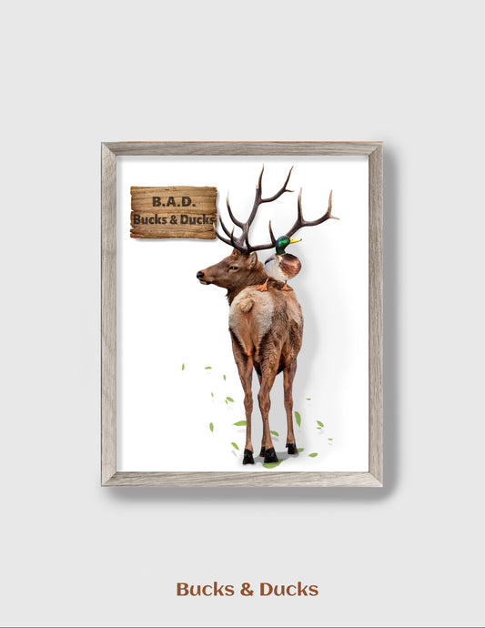 Wild Elk Print, Buck & Mallard Duck Wall Art, Woodland Animal Deer Decor