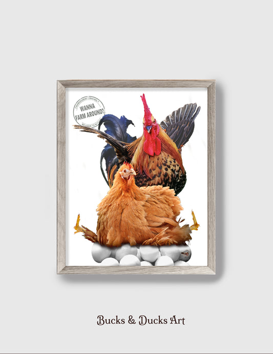 Rooster Humor Print, Country Chicken Wall Art, Rustic Farm Birds Decor