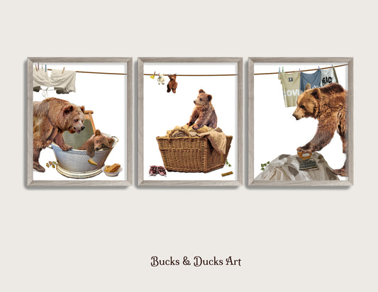Custom Laundry Bear Family Love Set of 3 Prints, Woodland Animal Quirky Decor, Rustic Wall Art Humor