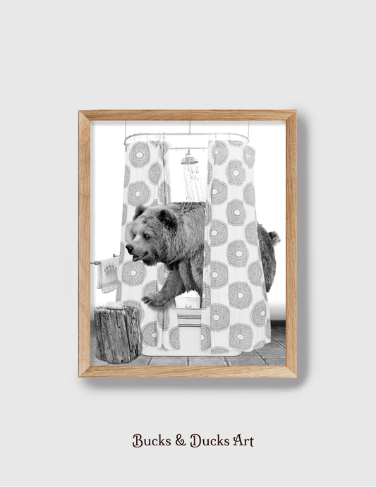 Shower Bear B&W Bathtub Print, Woodland Animal Wall Art, Rustic Country Decor